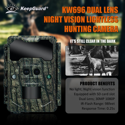 KW696 caméra de chasse en plein air double objectif 30MP caméra de piste sans lueur 1080p vision nocturne 512G pour