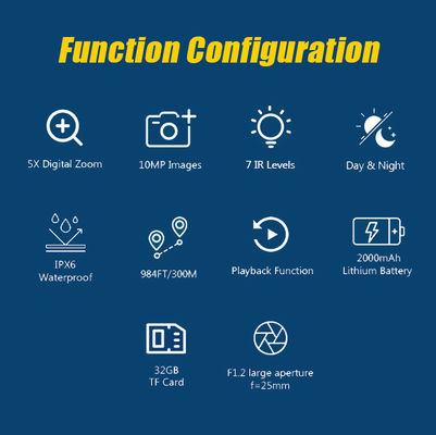 Capacité de vision nocturne • Écran d'affichage haute résolution • Visibilité à longue portée • Conception durable et robuste, adaptée à une utilisation en extérieur • Commandes faciles à utiliser • Batterie rechargeable