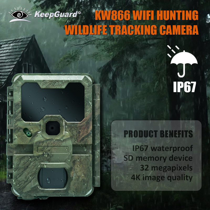 KW866 WIFI Sentier de chasse à la faune Caméra imperméable à l'eau IP67 OEM/ODM 512GB Stockage Carte mémoire SD 32MP 4K facile à utiliser