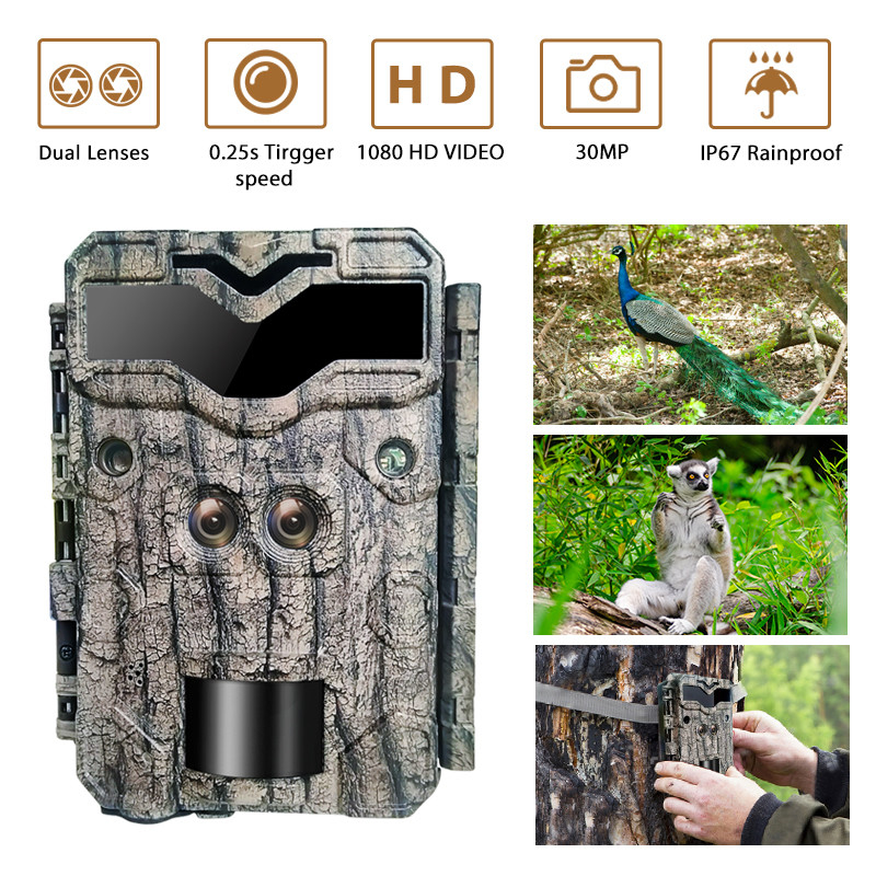 Caméra de chasse de surveillance KW698A avec double objectif 1080P 30MP imperméable à l'eau IP67 jusqu'à 512GB de vision nocturne 0.25s déclencheur
